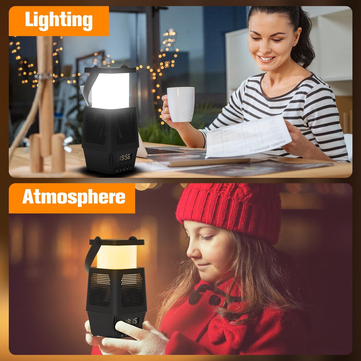 3 in 1 Cordless Camping Lamp,3CCT 7 Dimmable Rechargable Small Lantern with Wireless Bluetooth Speaker,Battery Operated Portable Alarm Clock Lamp