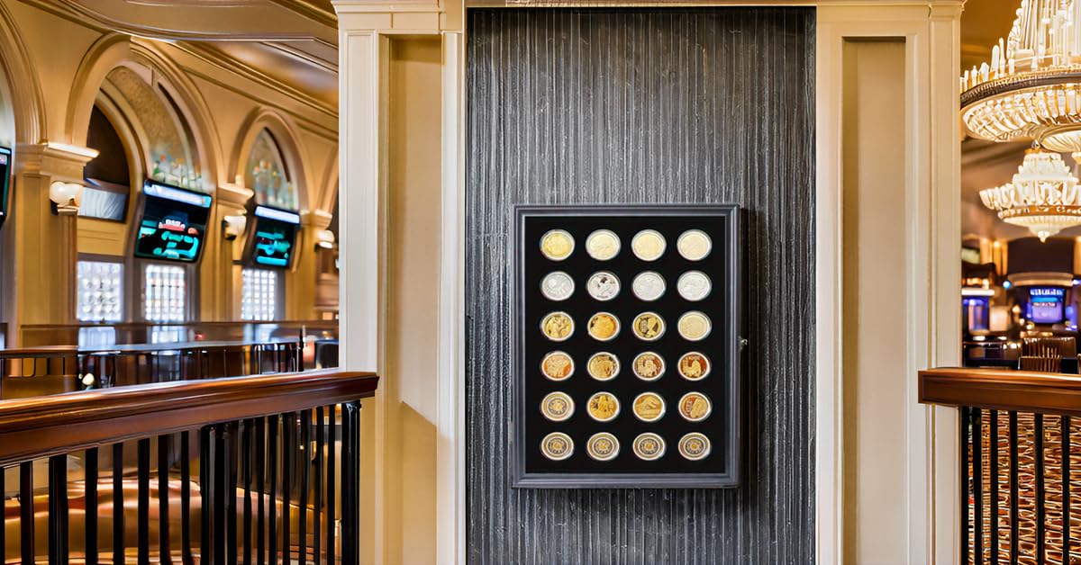 24 Casino Chip Coin Display Case,Challenge Coin Display,Challenge Coin Holder,Challenge Coin Display, Mility Coin Holder Display,Chips Holder Wall Rack 98% UV Lockable,Solid Wood Frame,Glass Door.