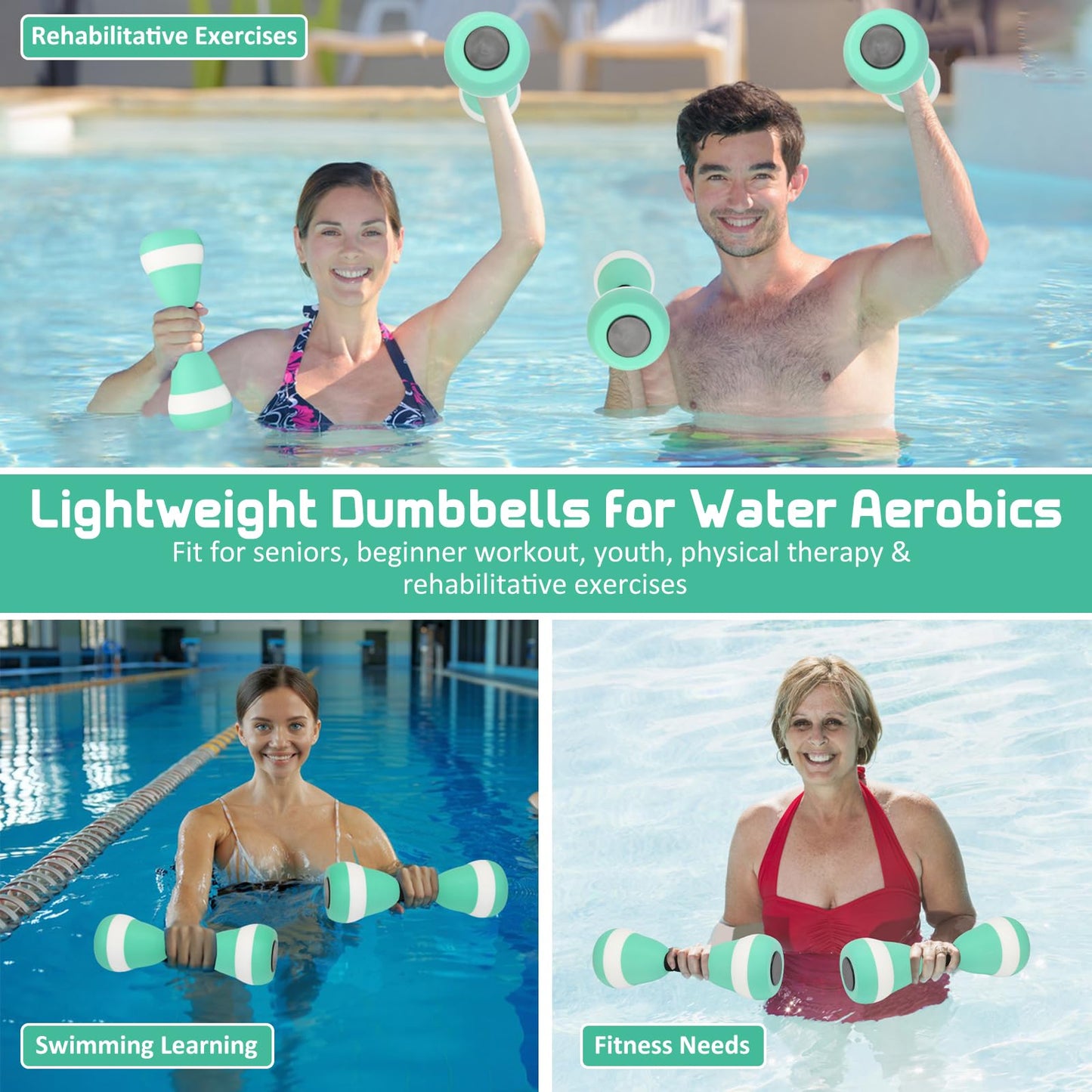 2PACK Aquatic Exercise Dumbbells, EVA Foam Barbells, Water Weights for Pool Exercise, Water Dumbbells for Men Women Water Workouts, Swimming Training (Lake Blue+White)