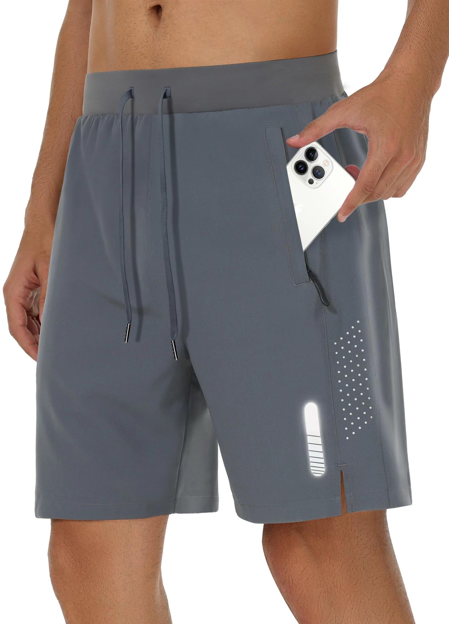 JIM LEAGUE Mens Running Athletic Shorts 7'' Quick Dry Lightweight 3 Zipper Pockets Workout Casual Gym Elastic Waistbad Grey