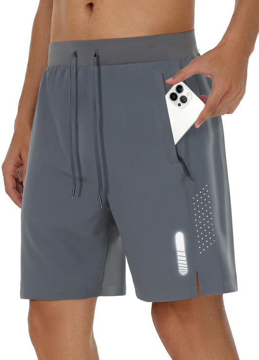 JIM LEAGUE Mens Running Athletic Shorts 7'' Quick Dry Lightweight 3 Zipper Pockets Workout Casual Gym Elastic Waistbad Grey