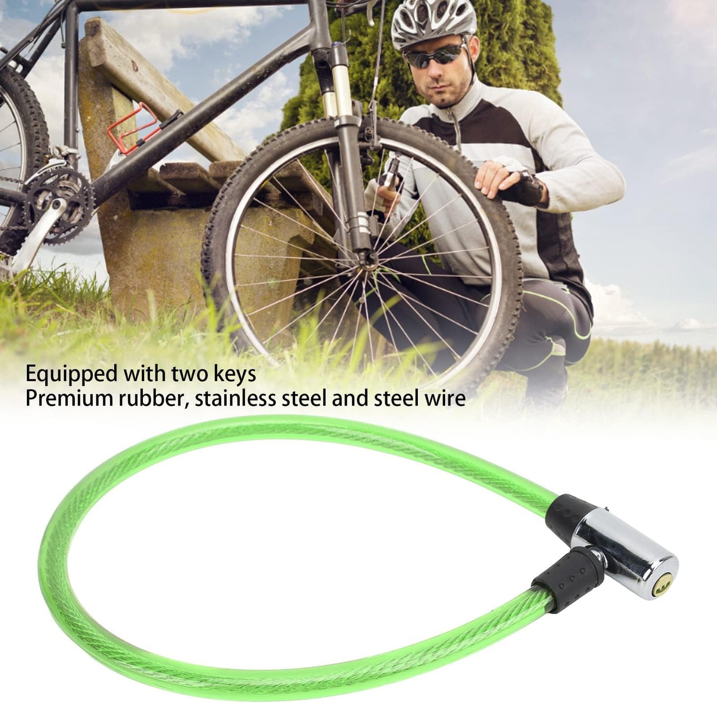 2ft Bike Lock Cable, Steel Wire Lock Cable Wide Application Easy Lock Operation Cable Lock Bicycle Mounting Bracket for Bike Motorcycle Gate Straight Cable Locks with Keys Security Anti-theft(green)