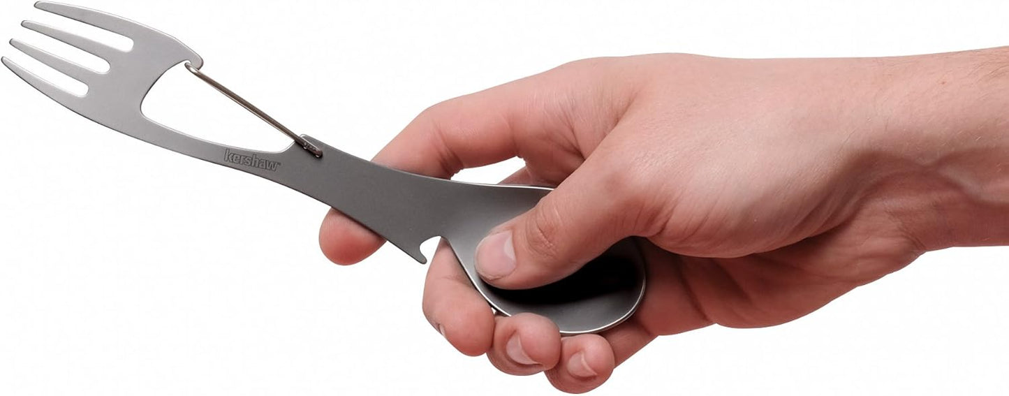 Kershaw Ration Multi Tool Spork, Stainless Steel Spoon, Fork, Carabiner and Bottle Opener, Regular and XL Sizes
