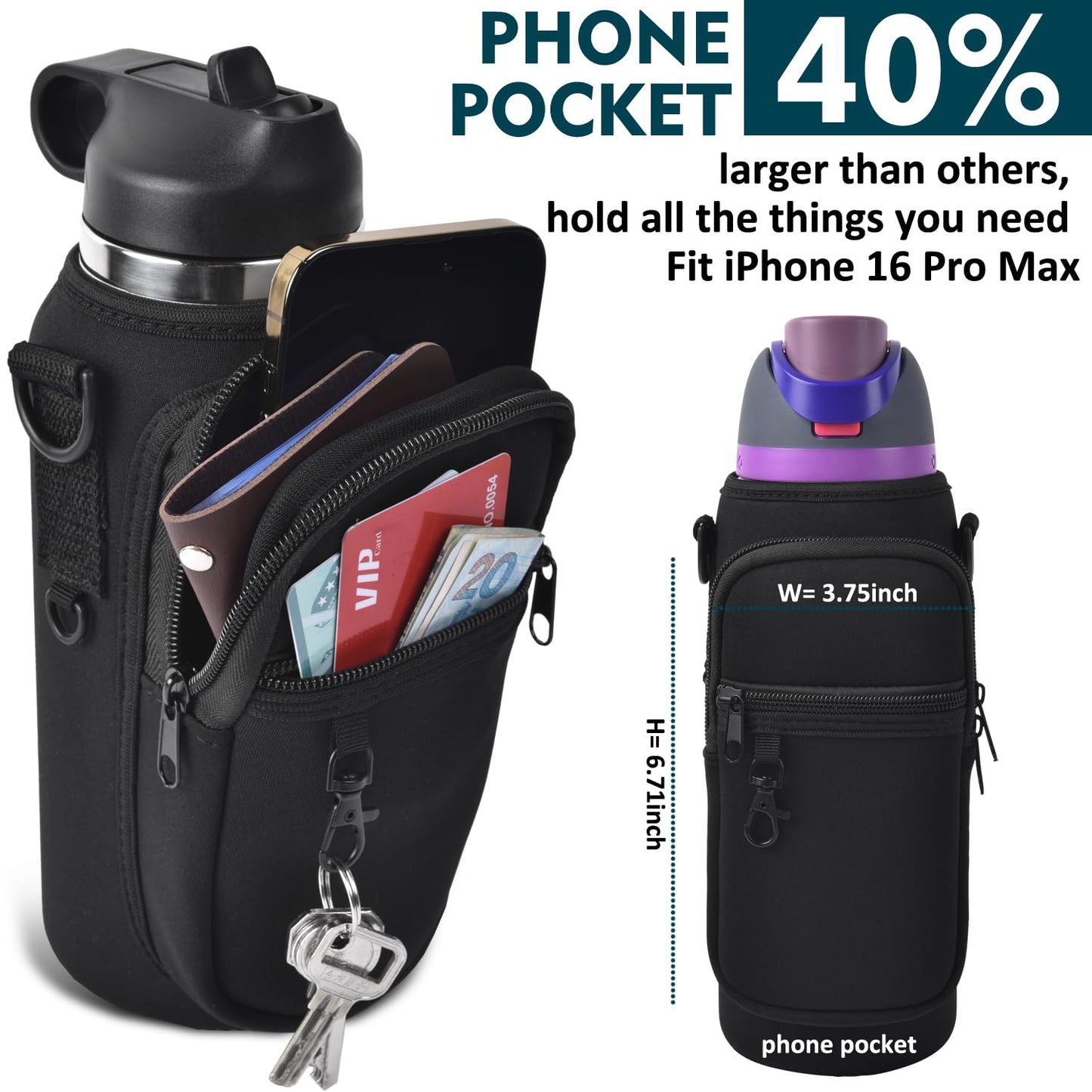Water Bottle Holder Bag with Phone Pocket for Owala FreeSip 24 oz Neoprene Water Bottle Carrier Pouch with Adjustable Shoulder Hand Strap Crossbody Accessories for Hiking Travelling Camping