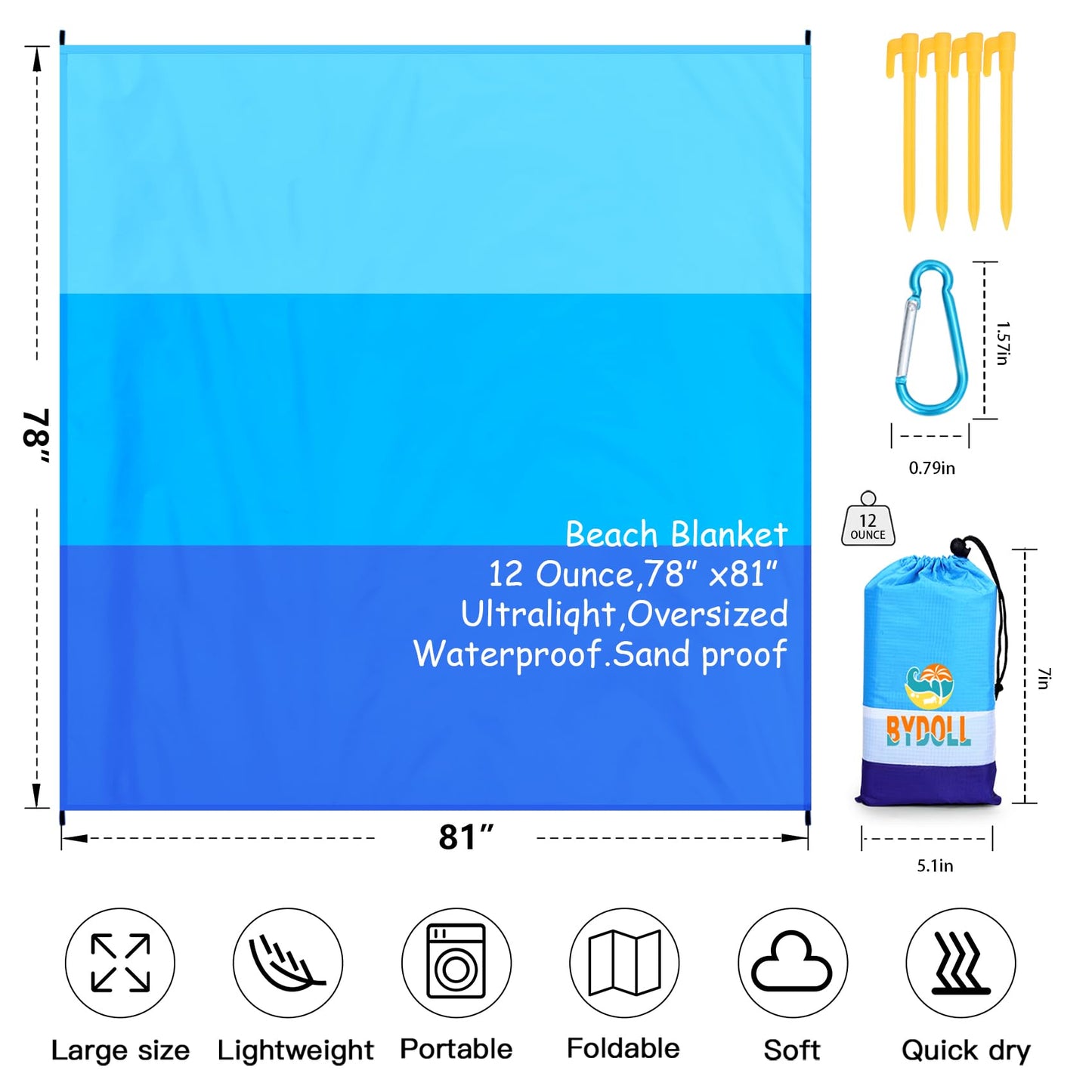BYDOLL Beach Blanket Waterproof Sandproof 78''×81'' 1-5 Adults Oversized Lightweight Large Picnic Mat Waterproof Sandproof Blanket for Beach Camping Hiking Travel