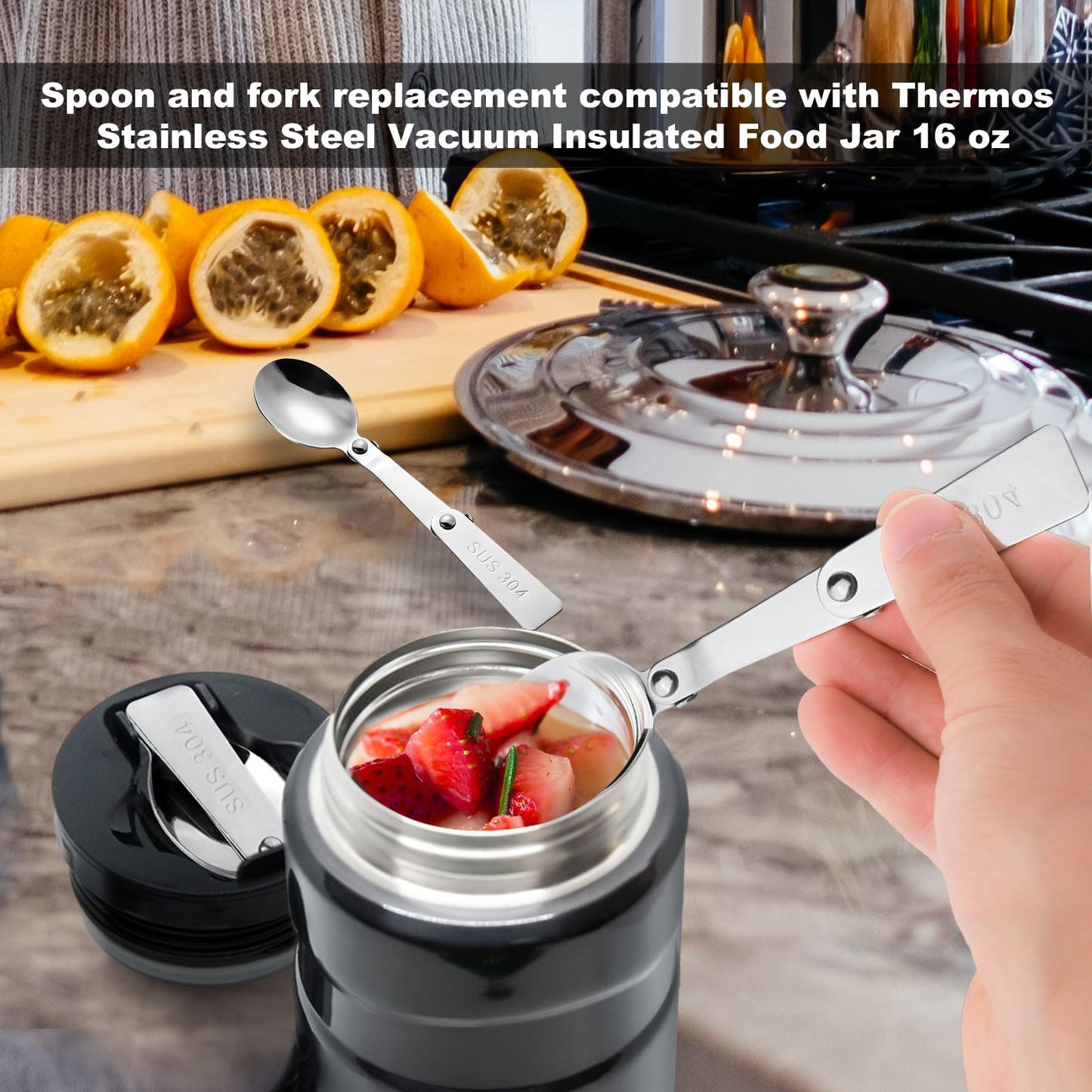 2pcs Foldable Fork and Spoon Set, Portable Stainless Steel Folding Spoon and Fork with 2 Plastic Storage Cases for Outdoors Travel Replacement Compatible with Thermos Funtainer 16oz Food Jar