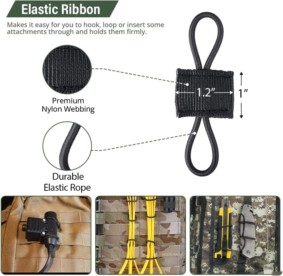 GearHill Elastic Webbing Binding Ribbon Multipurpose Backpacks Attachments Tactical Molle Backpack Accessories, Tactical EDC Gear (12 Pieces Black 3 Size Kit)