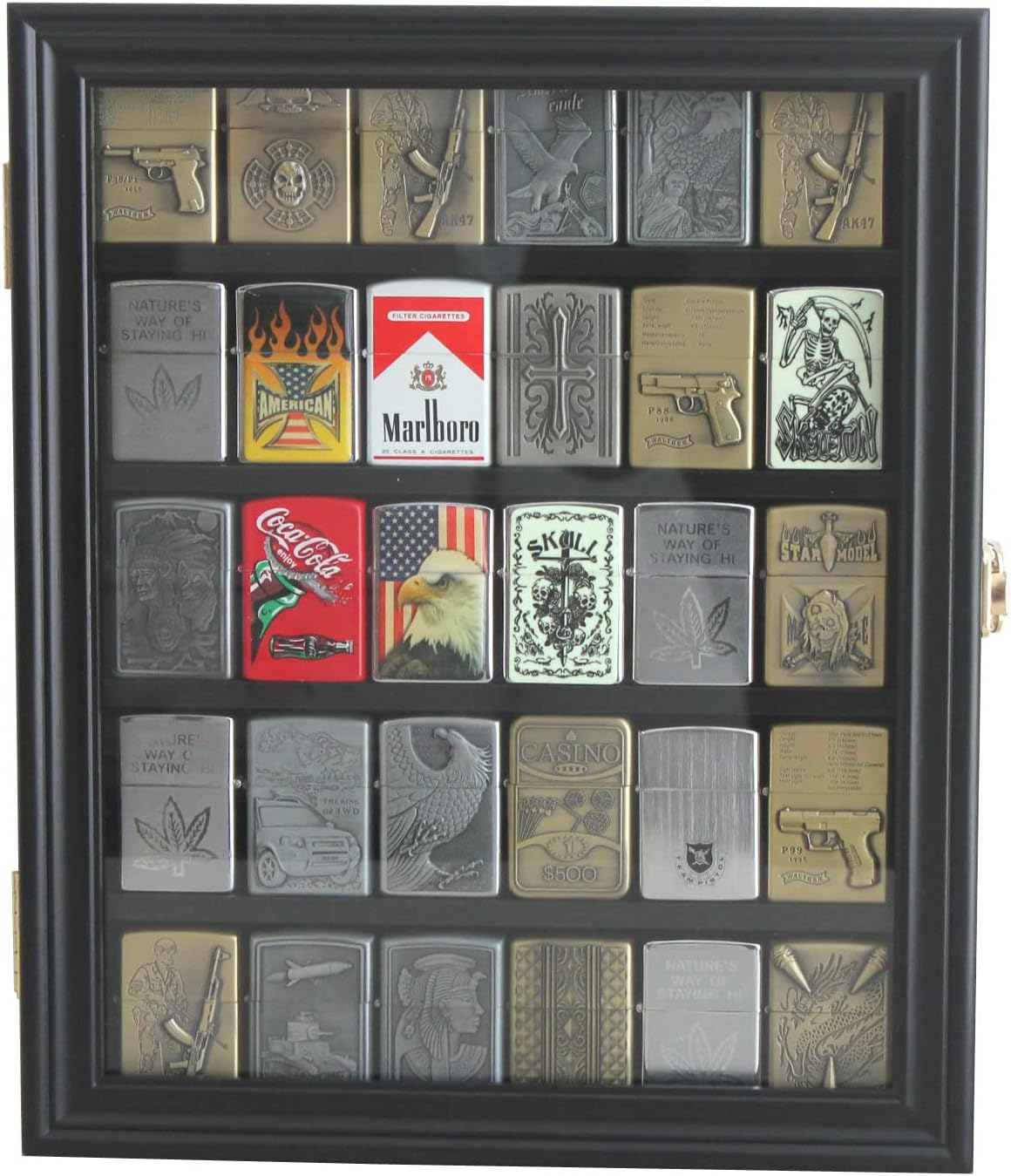 30 Lighters Display Case Wall Cabinet Compatible with Zippo Lighters Military Sport Collectible Match Book Black Frame