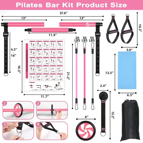 BBTOPS Pilates Bar Kit with Resistance Bands, Pilates Equipment Exercise Bar with Ab Roller for Abs Workout, Portable Home Gym Yoga Fitness Bar for Women & Men (Pink)
