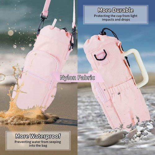 HOMEYA Water Bottle Carrier Bag with Phone Pocket for Stanley Cup 40 Oz Tumbler with Handle, Nylon Water Bottle Holder Pouch with Top Drawstring, Adjustable Shoulder&Handle Strap (Pink)