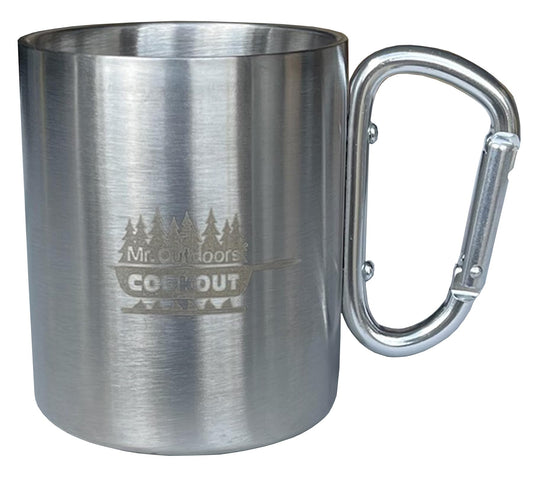 King Kooker Mr. Outdoors Cookout Double Insulated Stainless Steel Camp Mug with Carabiner Handle for Hikes, Camping, Hunting, Fishing, Survival