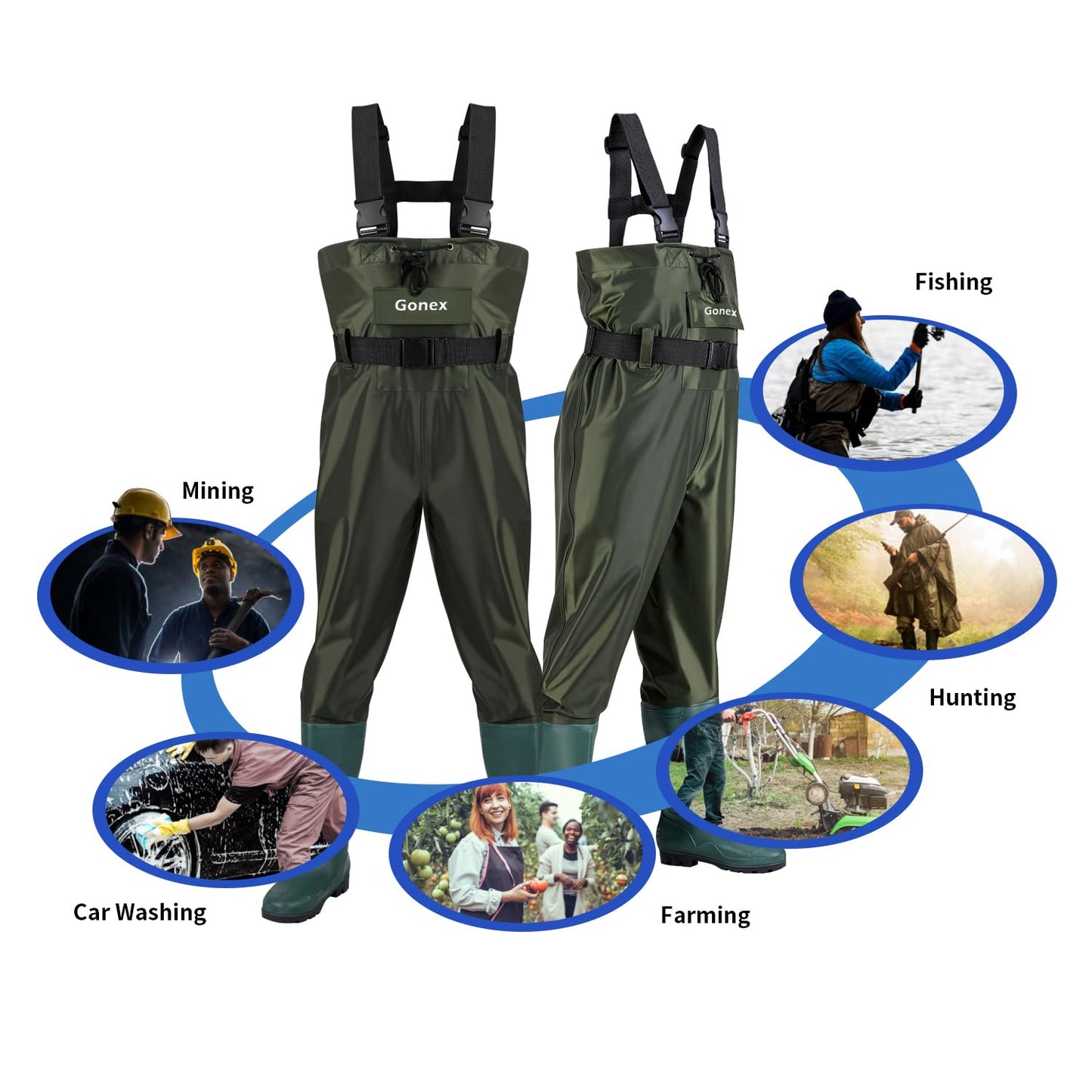 Gonex Chest Waders Hunting Fishing Waders for Men Women Waterproof 70D Nylon Wader for Duck Hunting Fishing, Green, Sizes 13