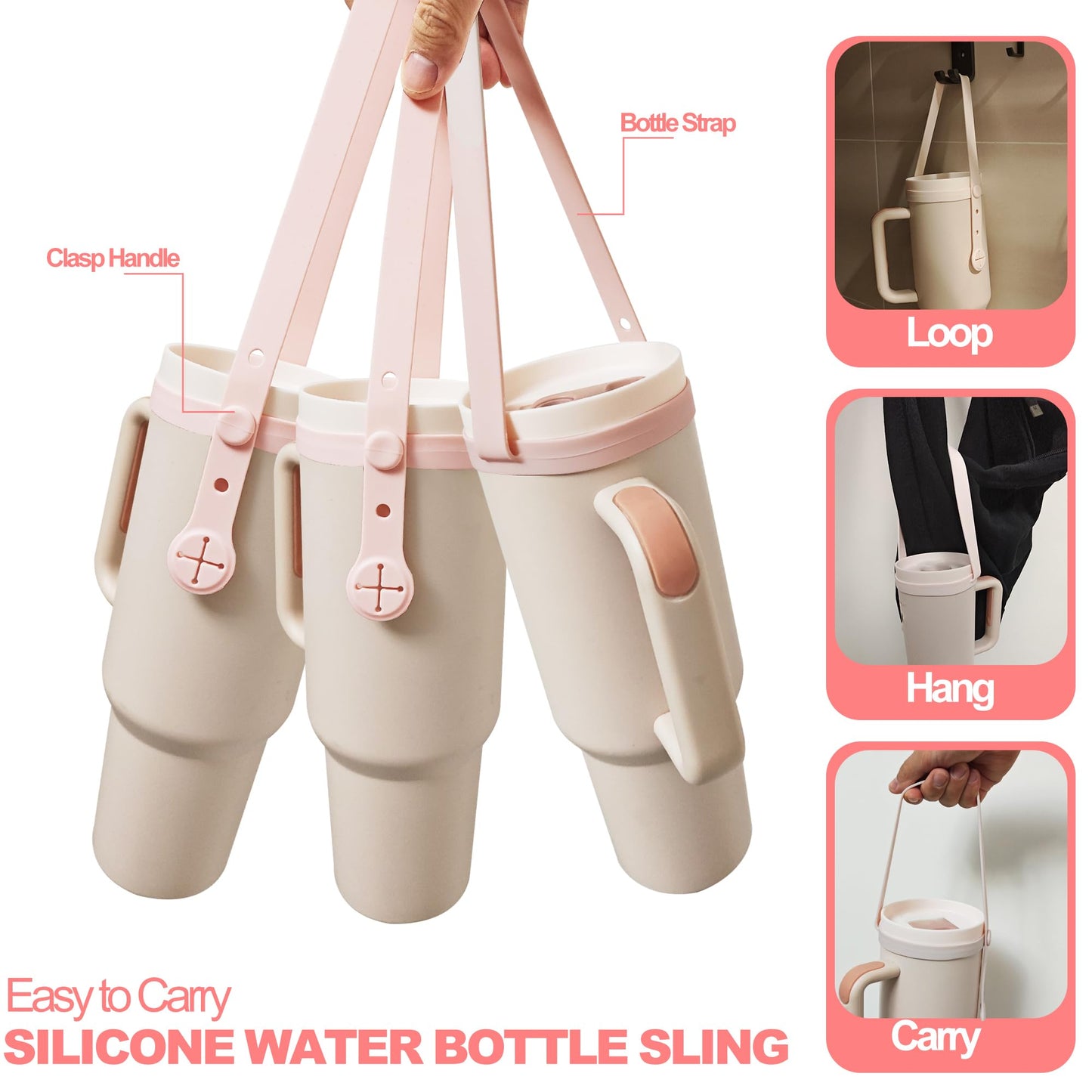 3Pack Water Bottle Handle - Silicone Water Bottle Sling, Carrier, Holder with Strap for Stanley 16-40oz Cup, for Owala FreeSip 24-40oz, Easy to Carry Around for Tumbler Without Handle (Pink)