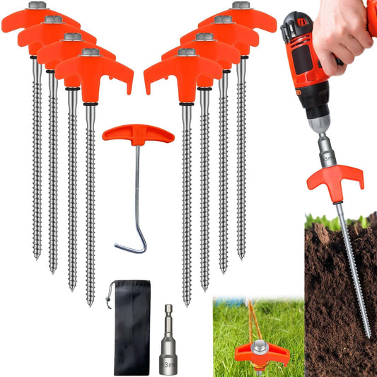 Kimmkco 8 Pack 8" Screw in Tent Stakes Heavy Duty Ground Anchors, Tent Pegs Metal Tent Spikes Camping Tent Stakes with Hex Head Driver & Nail Extractor for Outdoor, Camping, Canopy, Gardening, Beach