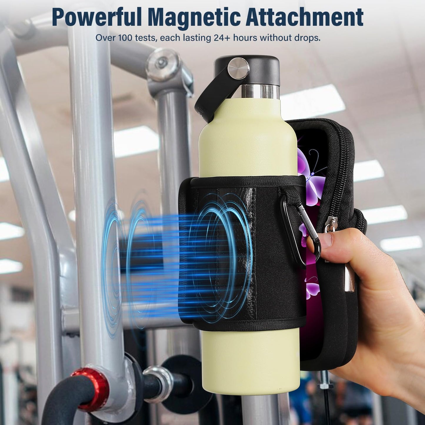 AUPET Magnetic Gym Water Bottle Holder - Gym accessories for men Women,Magnet Bottle Cup Carrier Phone Bag Sleeve Pouch Purse (Purple Butterfly, S(fit 16-25oz bottle))