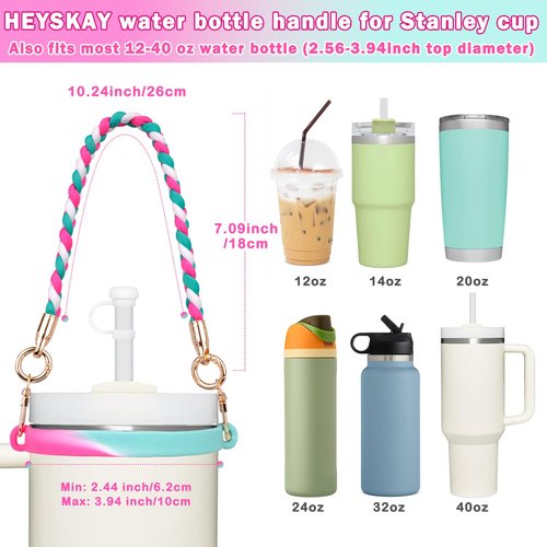 HEYSKAY Water Bottle Handle with Strap for Stanley 12-40OZ Tumbler Water Bottle Strap for Carrying Owala Flask 24-40oz Water Bottle Sling As Stanley Cup Accessories with 2PCS Silicone Straw Covers