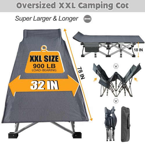 ABORON Oversized XXL Folding Camping Cot W/Mat for Adults, 78" L x 32" W x 18" H Heavy Duty Outdoor Bed with Carry Bag,1200 D Layer Oxford Travel Camp Cots