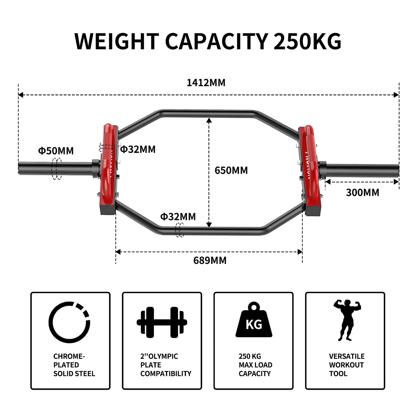 PROIRON Olympic Trap Bar 2", Hex Deadlift Squat Bar, 56" Weight lifting Shrug Bars Barbell Knurled Handles for Shoulder Exercises, Farmers Walk, 250kg Capacity for Home Gym Workout