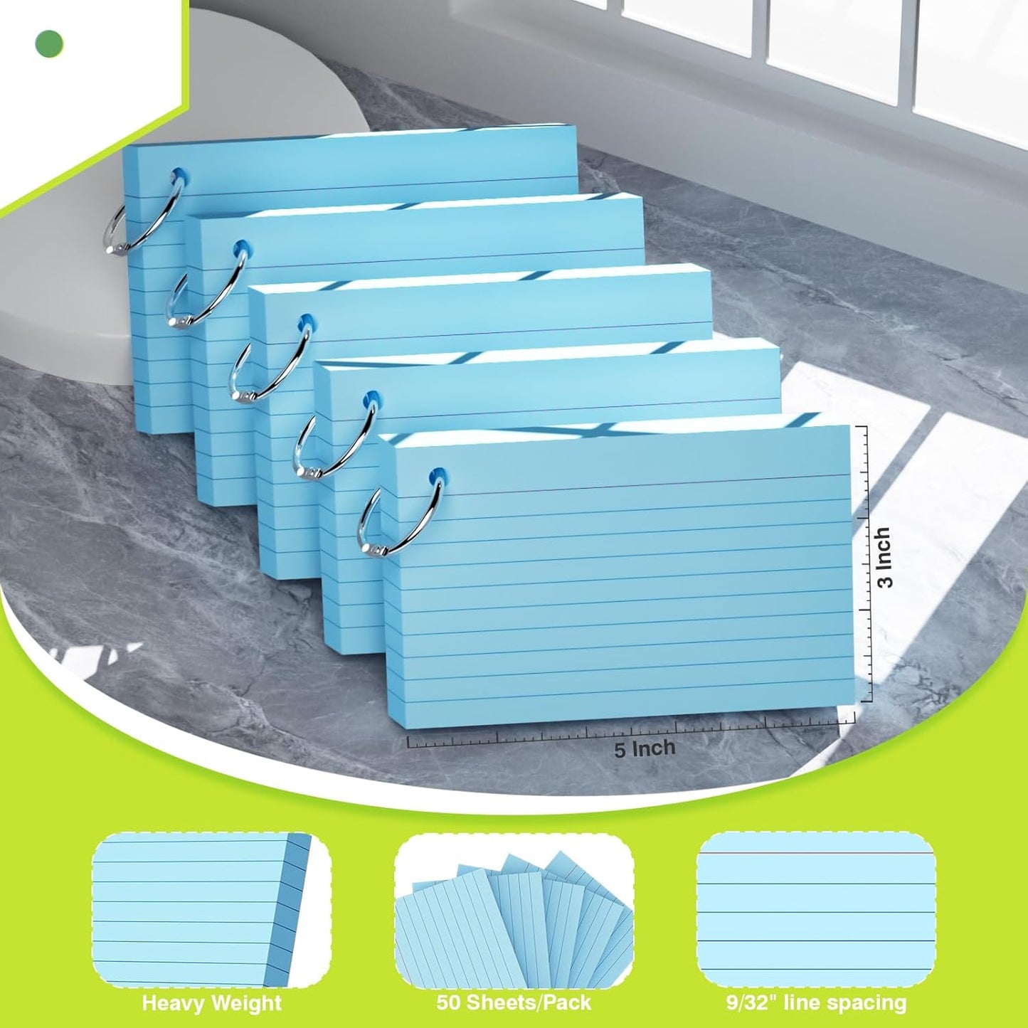 250 Count Pink Index Cards with Ring 3 x 5 Inch Heavyweight Ruled Index Cards, Flash Cards for School & Office Supplies and Home Organization, Durable Study To Do List Note Cards with Ruled Lines