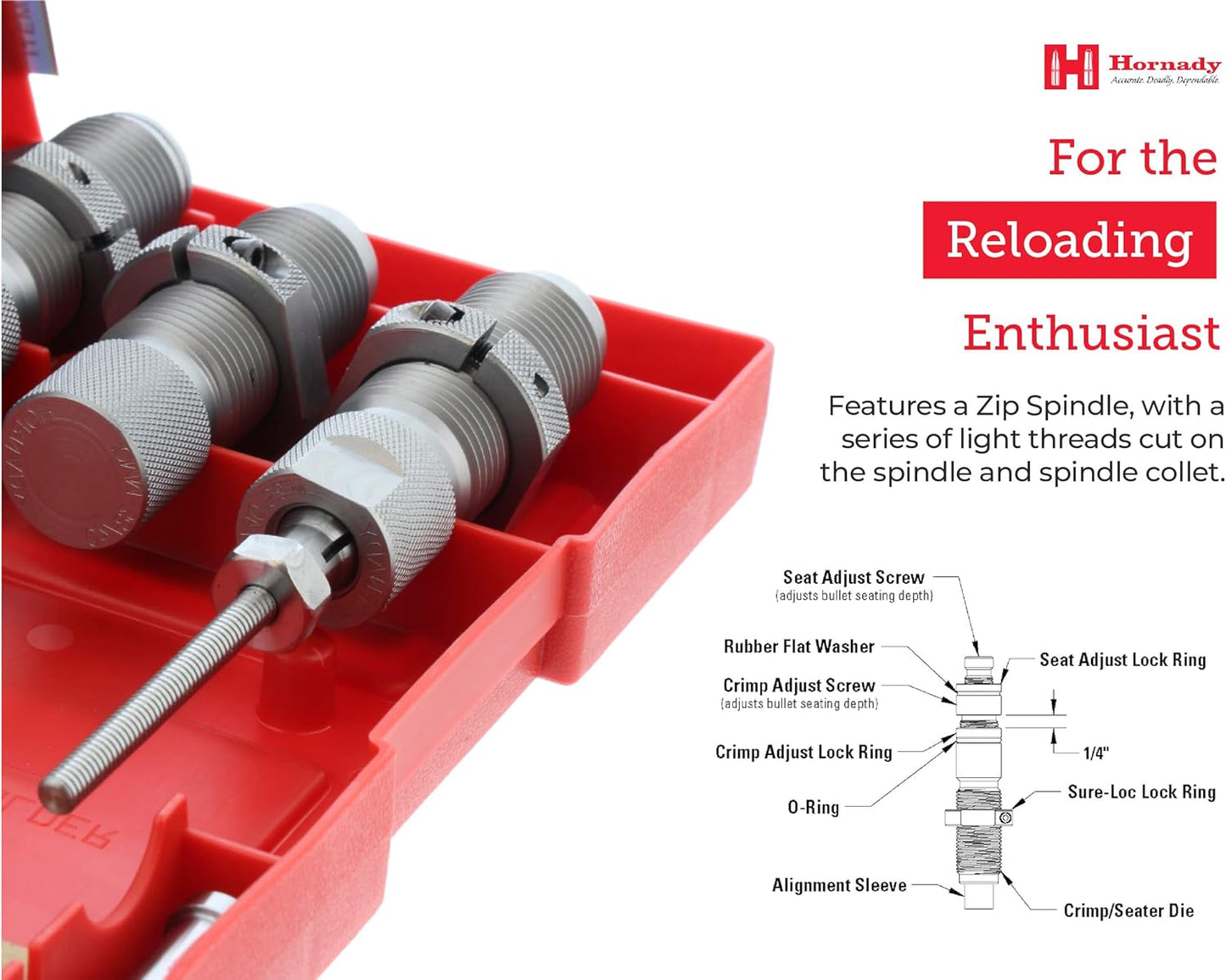 Hornady Custom Grade New Dimension 3-Die Set - Caliber Specific Reloading Equipment for Handloaders with Full Length Sizer Die, Seating Die, Sure-Loc Rings, & Storage Box