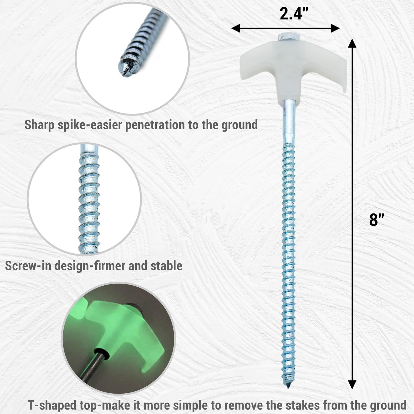 Keovoker 12 Pack Screw in Tent Stakes Heavy Duty-8” Metal Pegs for Ground, Drill in Camping Stake with Hex Head Driver, Spikes Puller, Protector in a Carrying Bag, for Hiking, Hammocks, Glow in Dark