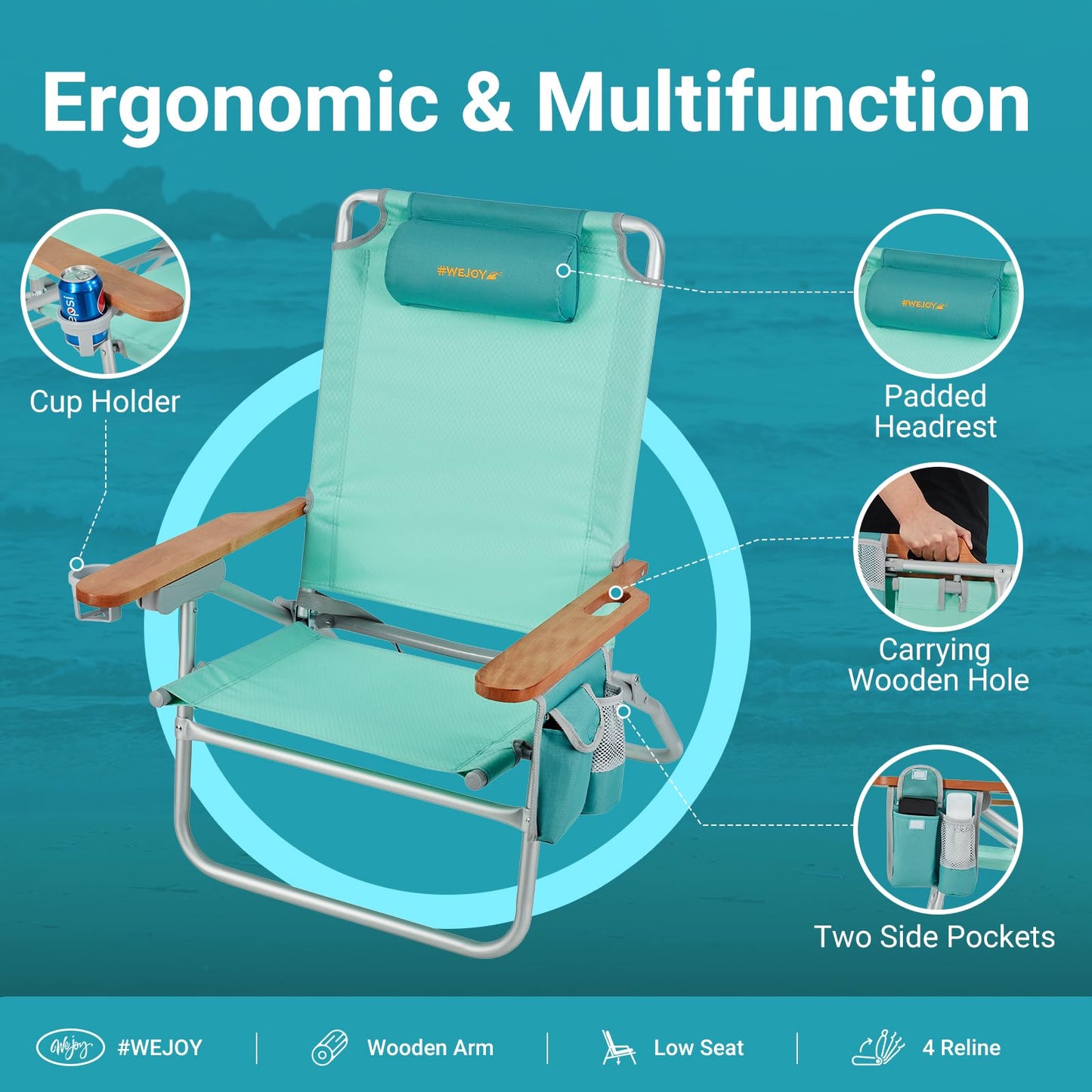 #WEJOY Folding Beach Chair for Adults 4 Position Aluminum Beach Chair with Headrest, Wooden Armrests, Cup Holder for Outdoor Camp Lawn Picnic BBQ Support 300LBS Backpack Folding Reclining Beach Chairs