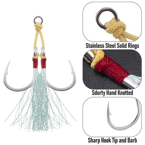 Dr.Fish 10 Pack Double Jigging Assist Hooks Saltwater Replacement Hooks Vertical Jig Lure Mylar Flash Teasers Slow Pitch Fast Fall Diamond Jig Tuna Striper Flounder Mackerel 3/0