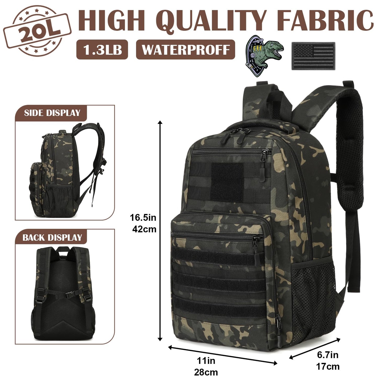 Kids Tactical Backpack Army Molle Bookbag Military Boys Backpack for School, Outdoor, Camping, Black Camo