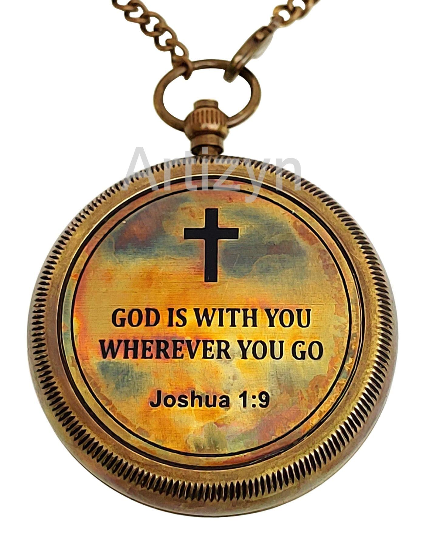 Brass Compass Engraved with Bible Scripture God is with You Wherever You Go Joshua 1:9 Religious Gift, Directional Magnetic Compass with Chain & Leather Carry Case, Baptism Gifts, Confirmation Gifts
