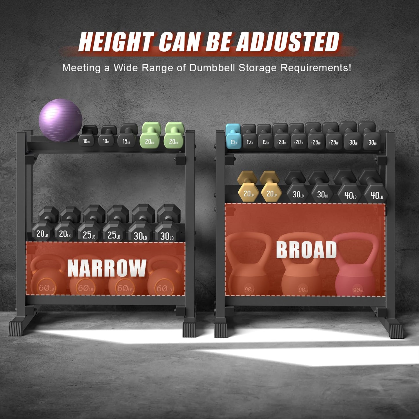 3-Tier Dumbbell Rack Stand Only, 1100LB Capacity Adjustable Weight Rack for Home Gym, Heavy-Duty Weight Stand for Dumbbells & Kettlebells(Rack Only)