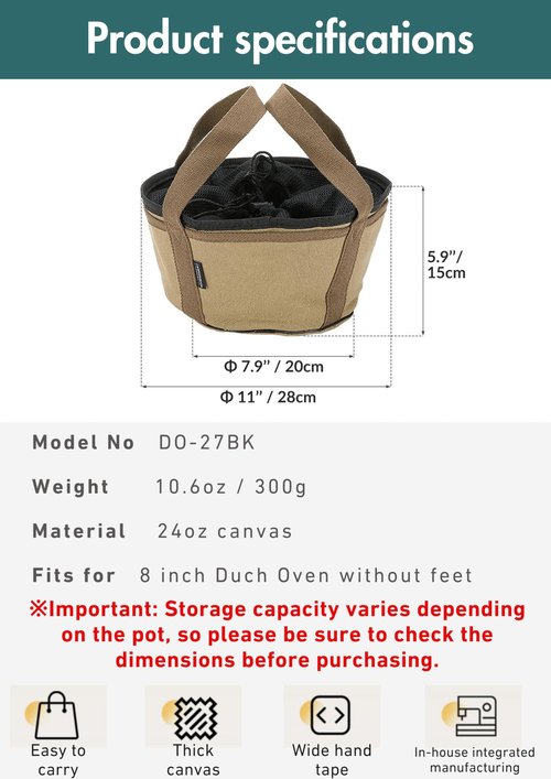 camping moon CAMPINGMOON Dutch Oven Bag for 8-inch Dutch Oven w/o Feet Canvas Extra Thick Round Cooking System Storage Bag Stock Pot Case DO-27-BK
