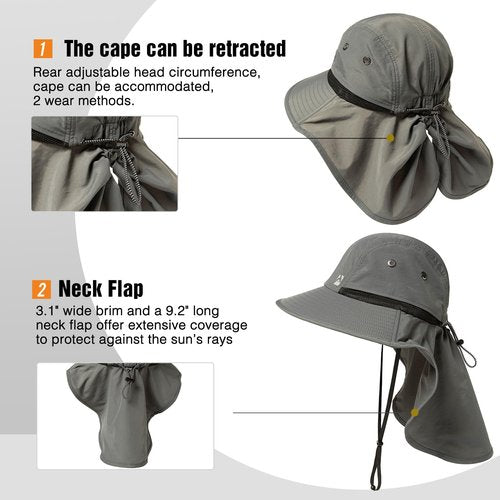 Summer Sun Hats Shade Men Big Head Wide Brim Neck Flap Safari Waterproof Beach UPF50+ Fishing Hiking Dark Grey X-Large XX-Large XL XXL