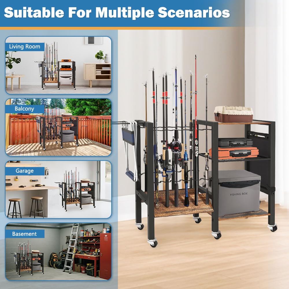 3-Tier Fishing Rod Holder, Garage Fishing Rod Rack, Fishing Rod Organizer for 12 Rods, Space Saving Fishing Pole Storage System for Garage Boat RV Basement, with Wheels Hooks and Storage Bag