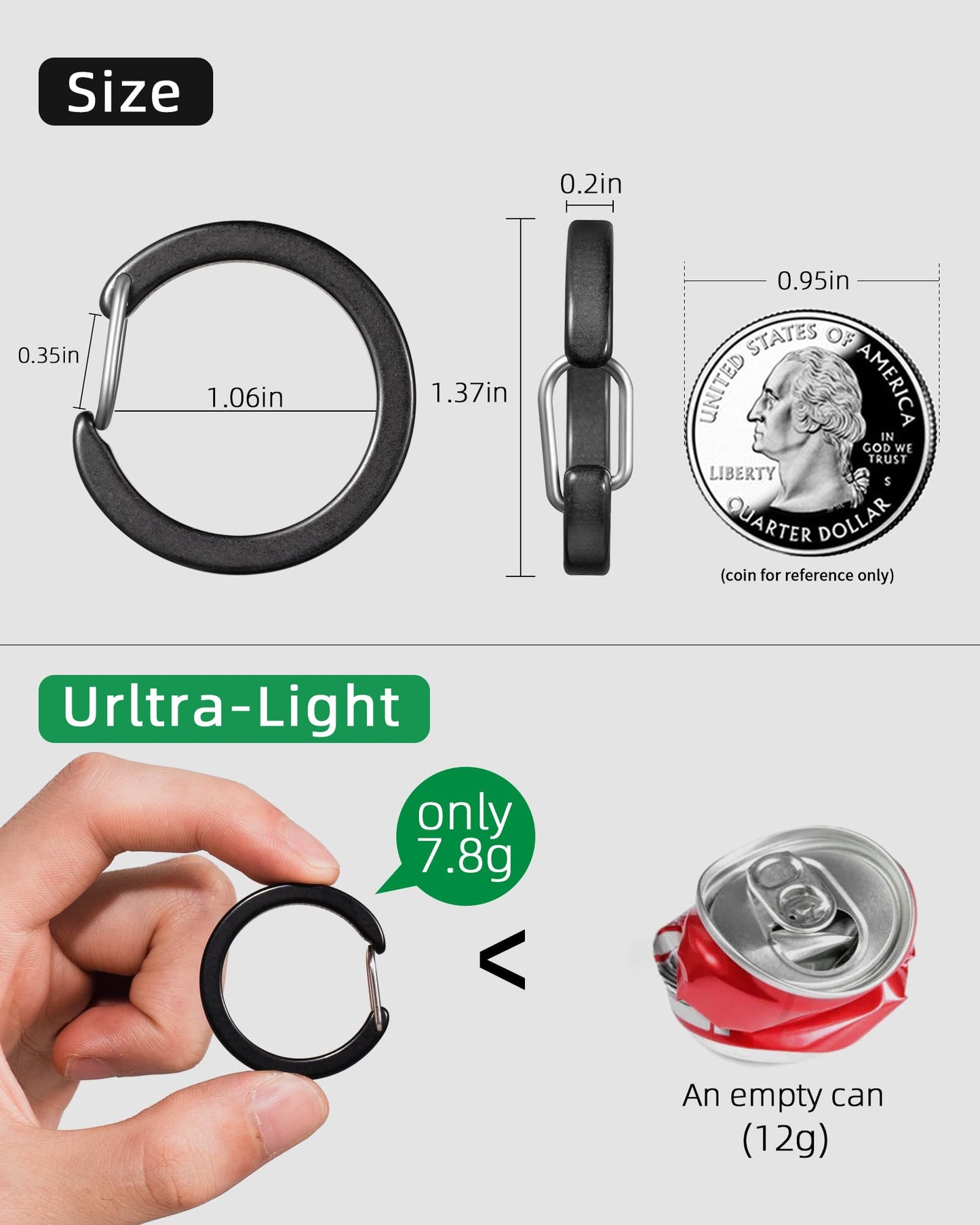 FEGVE Round Durable Carabiner Keychain Clip, 1.06" Titanium Black Spring Snap Hook Key Chain Clip for Keys DIY Crafts - 2pcs