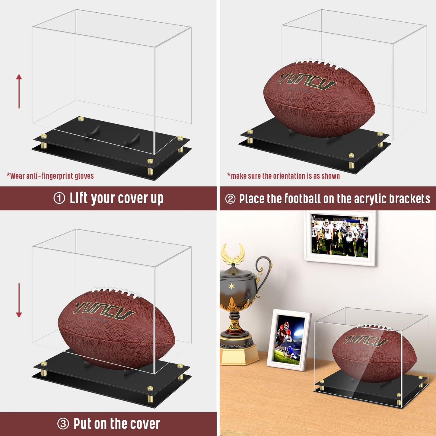 1DOT2 Football Display Case, Clear Acrylic Memorabilia Football Case Box with Double-Layer Black Built-in Football Display Holder for Football Fans, Collectors (No Assembly Required)