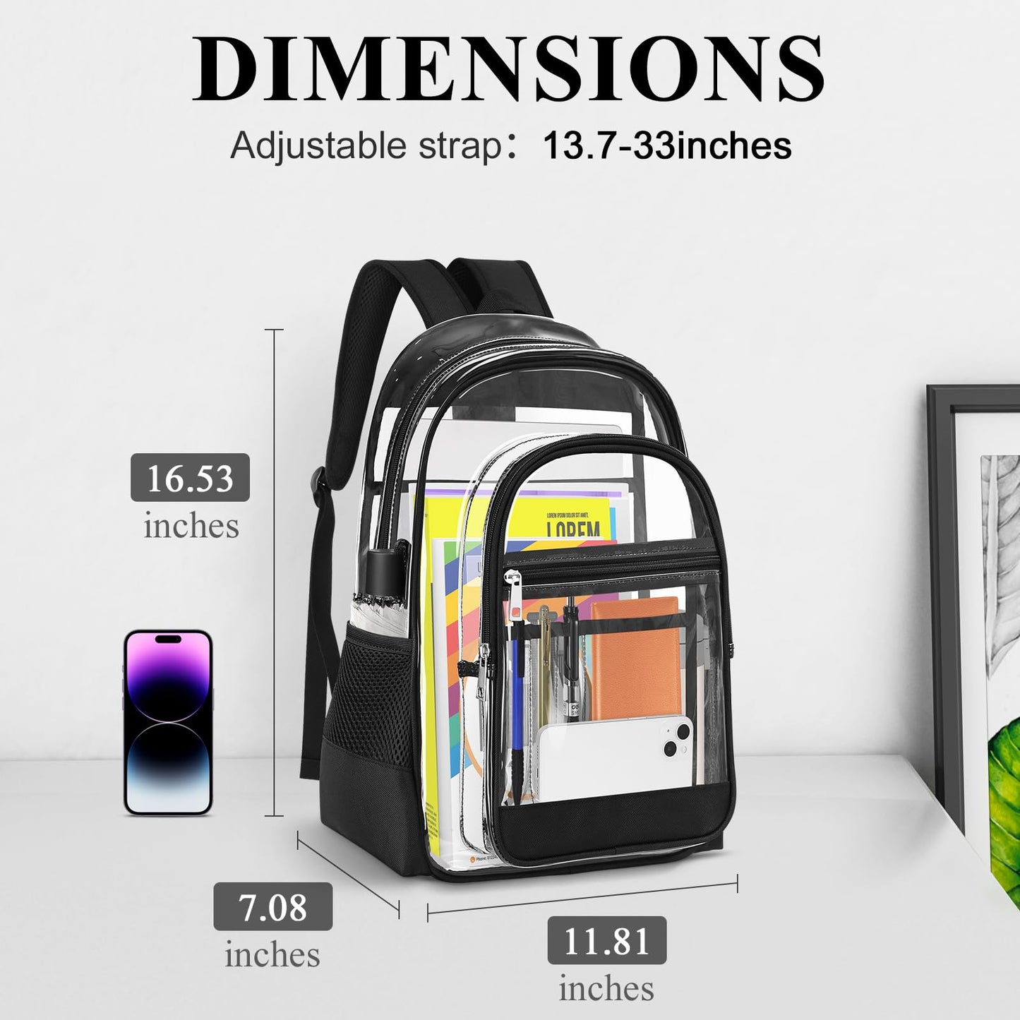 KIMNERPU Clear Backpack, Heavy Duty PVC Transparent Backpack with Reinforced Straps, See Through Multiple Pockets Large Capacity Bookbag for Concert Work Security Travel Festival (Black)