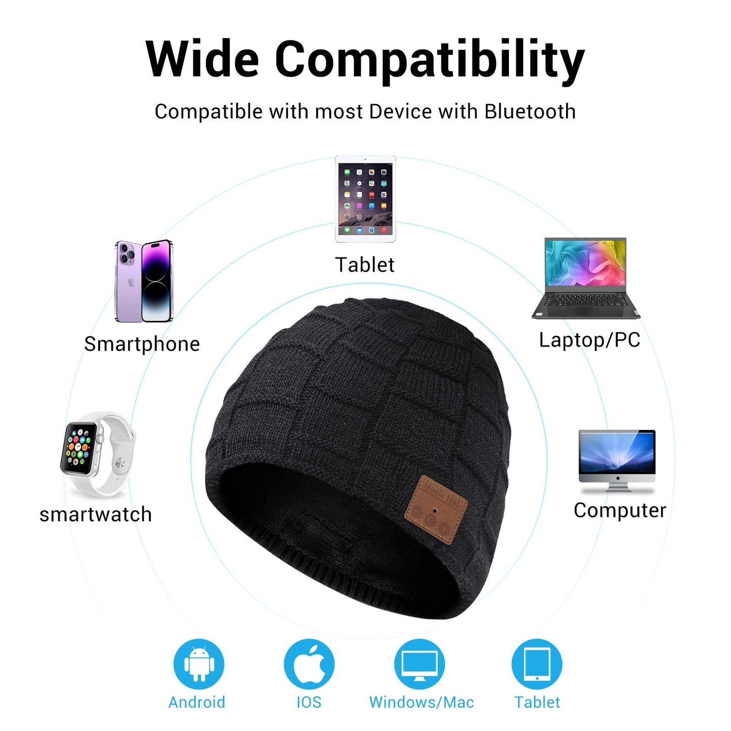 Bluetooth Beanie for Women with Ponytail Hole Wireless Knitted Beanie Hat with Bluetooth Headphones Built in Microphone, Winter Warm Hat Stocking Stuffers Black