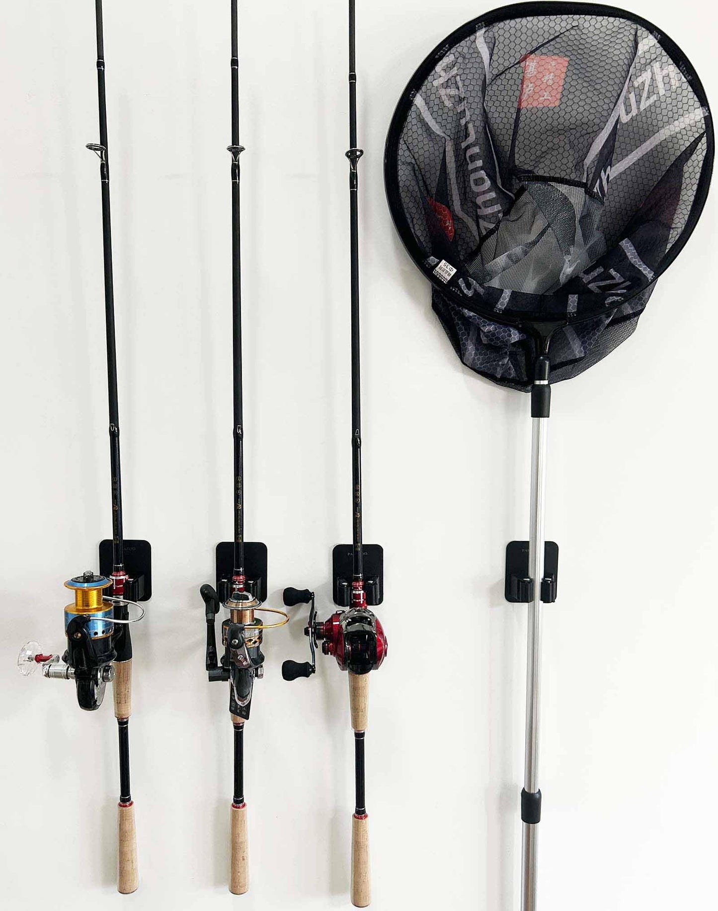 PAPAZOO 4 Pack Fishing Rod Holders, Self-adhesive Wall Mounted Fishing Rods Rack, Fishing Pole/Nets Holders Storage Organizer for Garage, Tool room, Black