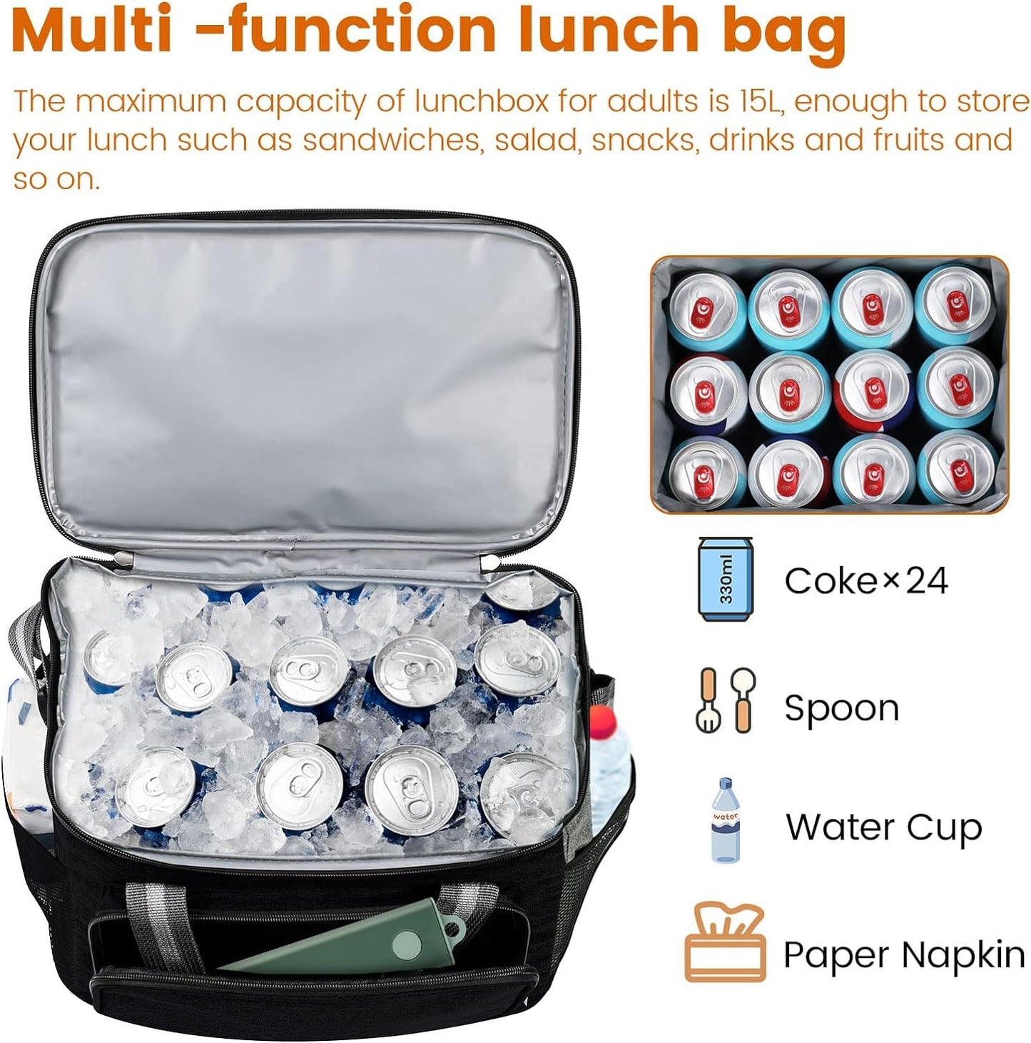Insulated Cooler Bag for 24Can (15L), Reusable Thermal Bag, Leakproof Freezable Cooler Bag Organizer with Adjustable Shoulder Strap for Women Men Office Work Picnic Hiking Beach, Black