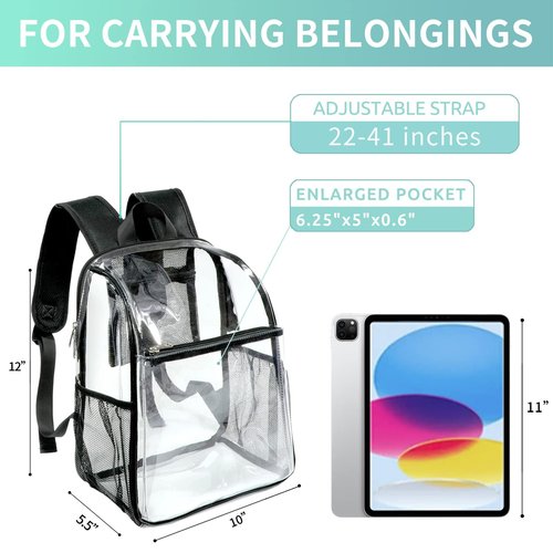 SPODEARS Clear Backpack for Stadium Events, Concerts & Travel - 12"x10" Transparent Backpack with Side Pockets, Adjustable Straps & Front Pocket