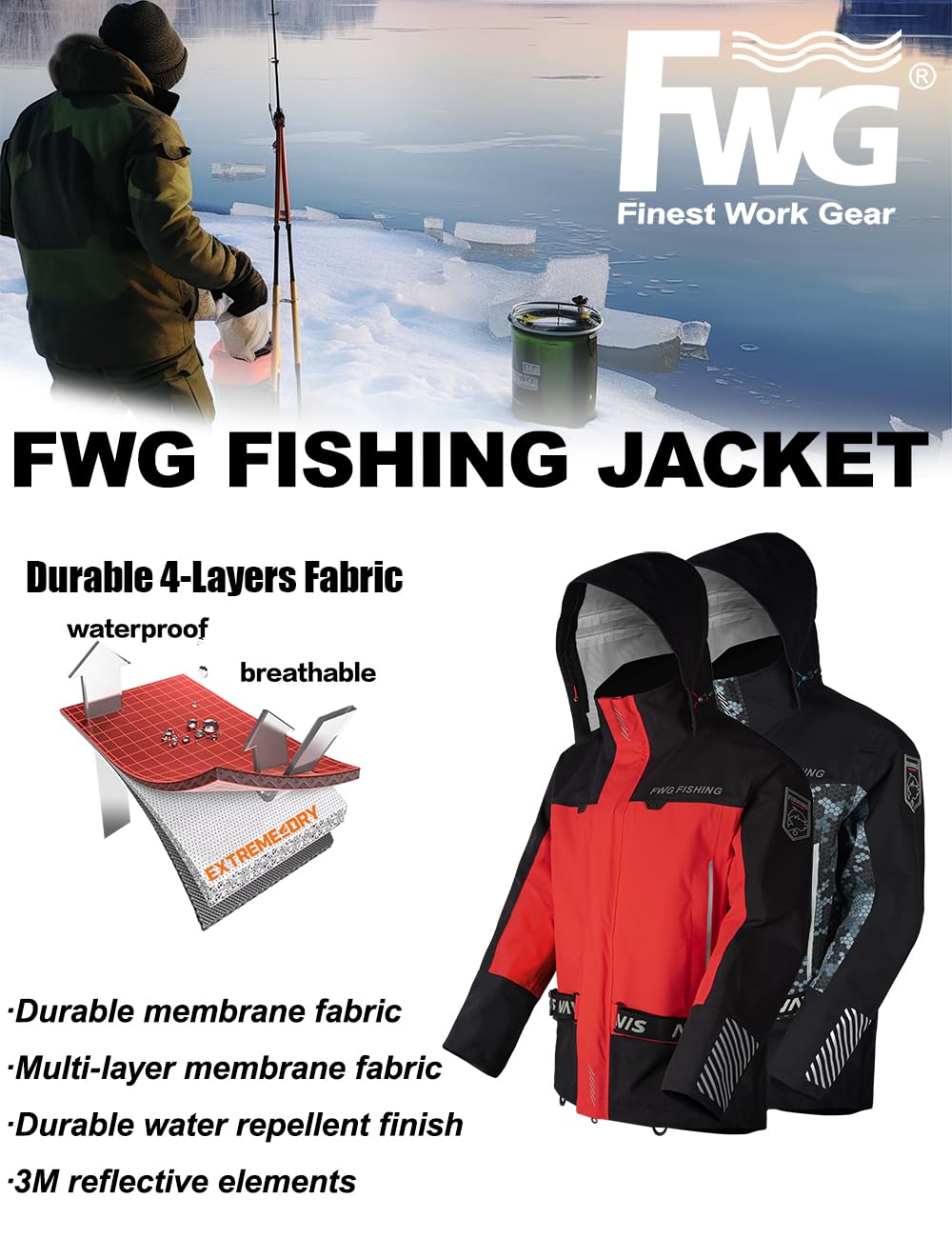 FWG Ice Fishing Jacket - Waterproof Outdoor Gear|Ultimate Protection(Red,Large)