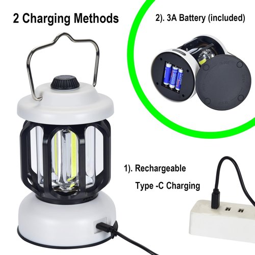 Camping Lantern Rechargeable, 360° Brightness Dimmable Retro Camping Light, Hanging Vintage Camping Lamp Outdoor Tent Light for Power Outage, Hurricane, Emergency, 3A Battery Included, White