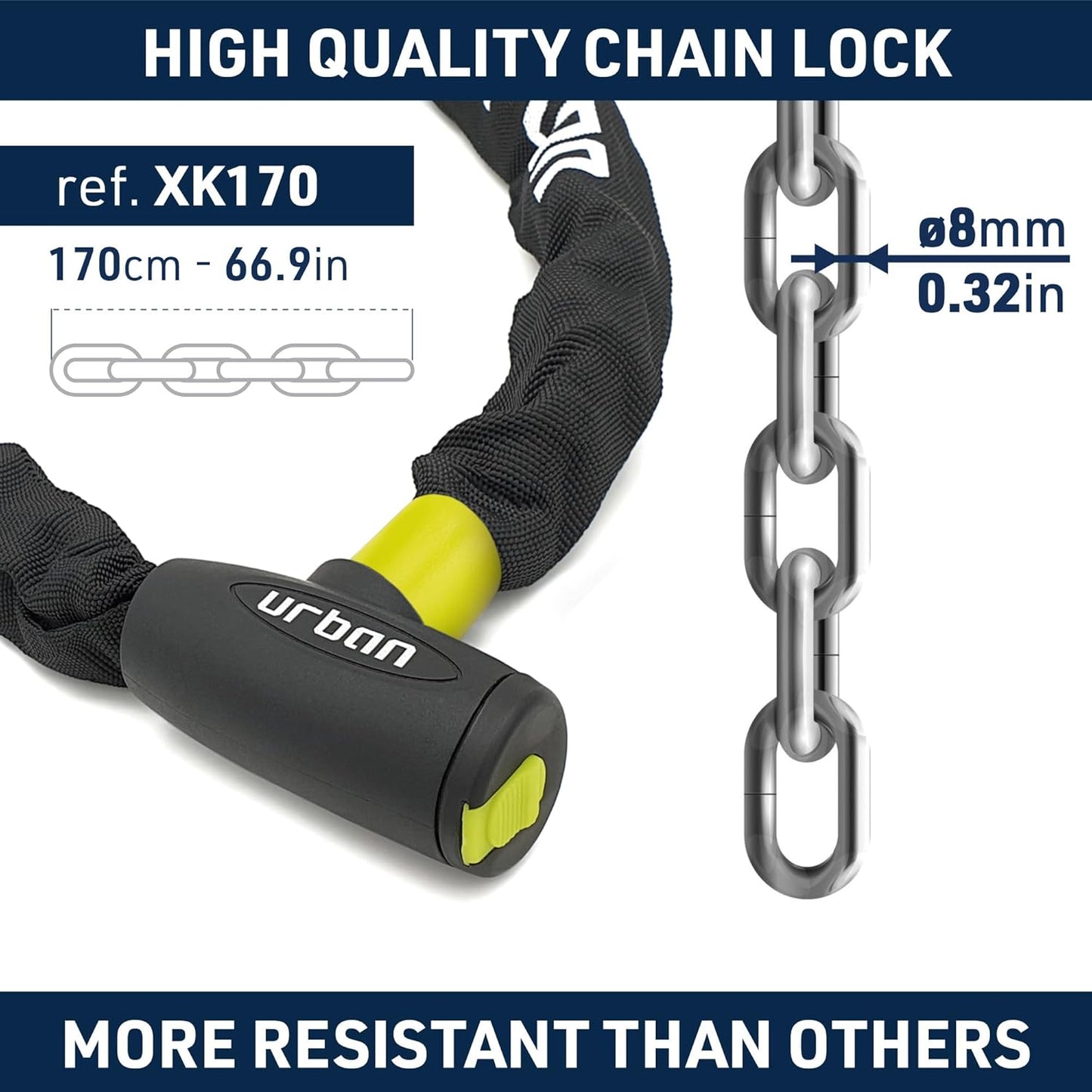 URBAN XK170 Bike Chain Lock, Heavy Duty Anti Theft 170cm ø8mm Hardened Steel Chain High Security Lock, More Length More Fixing Options, Versatile Anti-Theft for Bicycle, Motorcycle or Electric Scooter