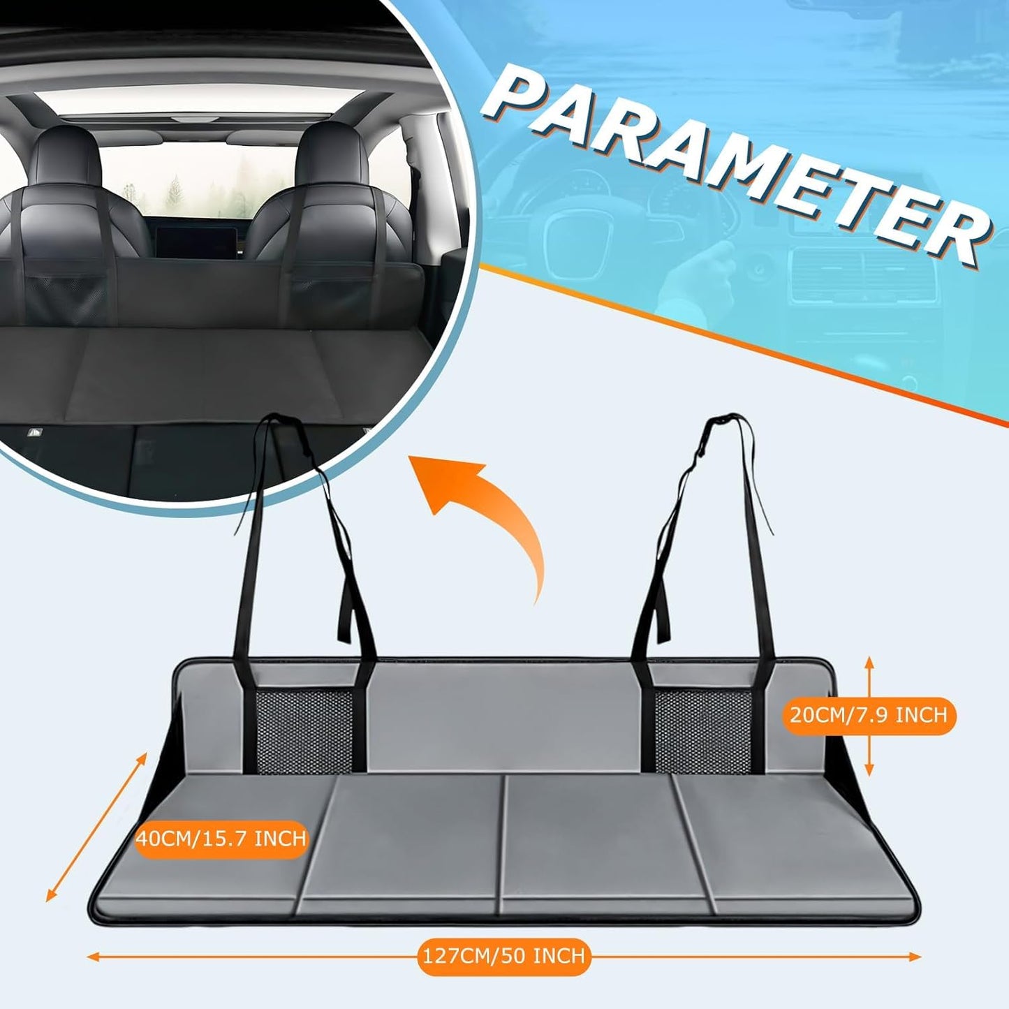 Kikosawa Car Travel Rear Seat Mattress Extension Plate, Increase Car Bed Camping Space, Sleeping Head Protection, Folding Fits for Car, SUV, Truck,Tesla and Other Electric Cars, 50 * 16.5 in