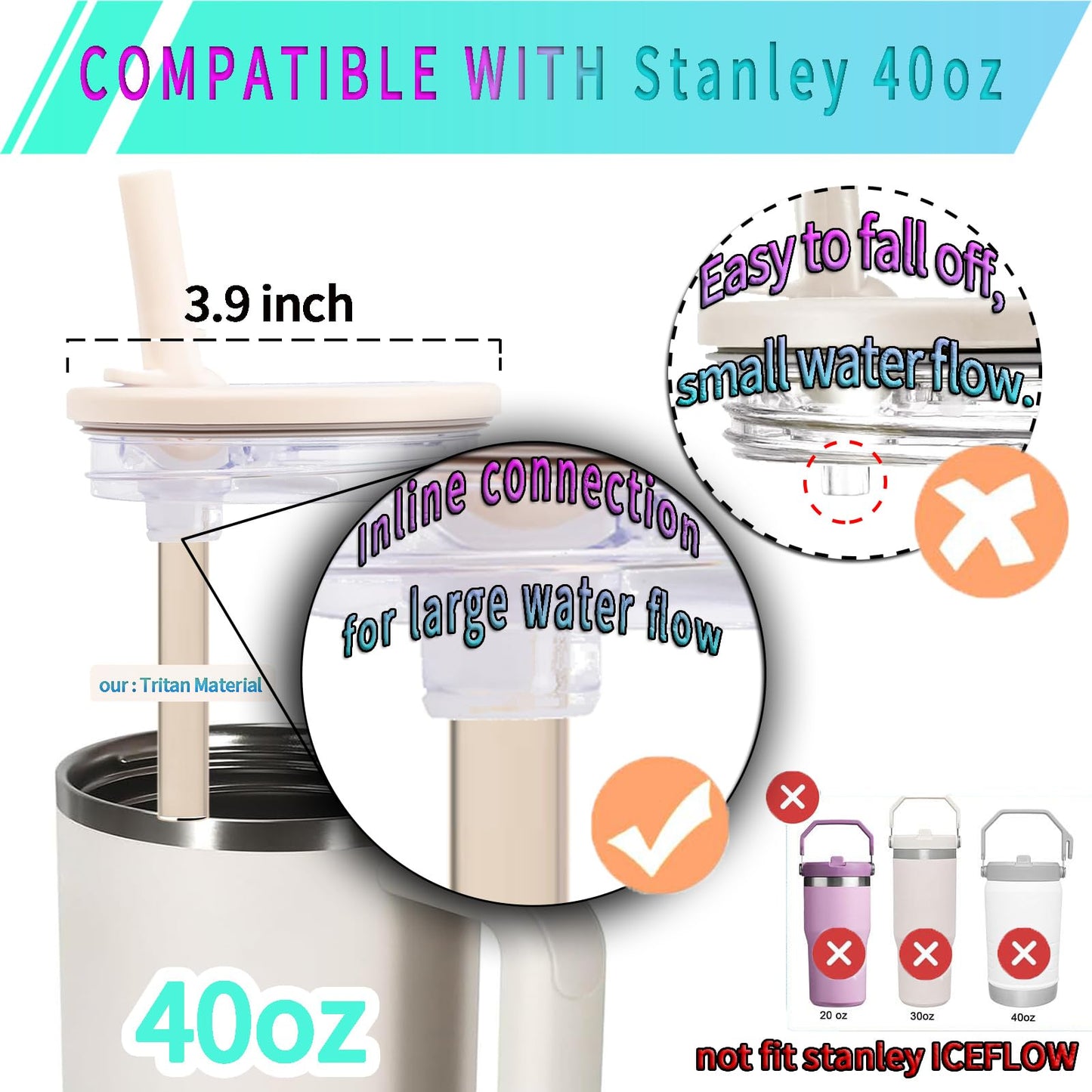 2 Pack Replacement Leak Proof Lid Compatible with Stanley 40oz Quencher Tumbler,100 color combinations for Stanley Cup Accessories,Flip Straw Lids for Quencher H2.0 (BLACK+BLACK)