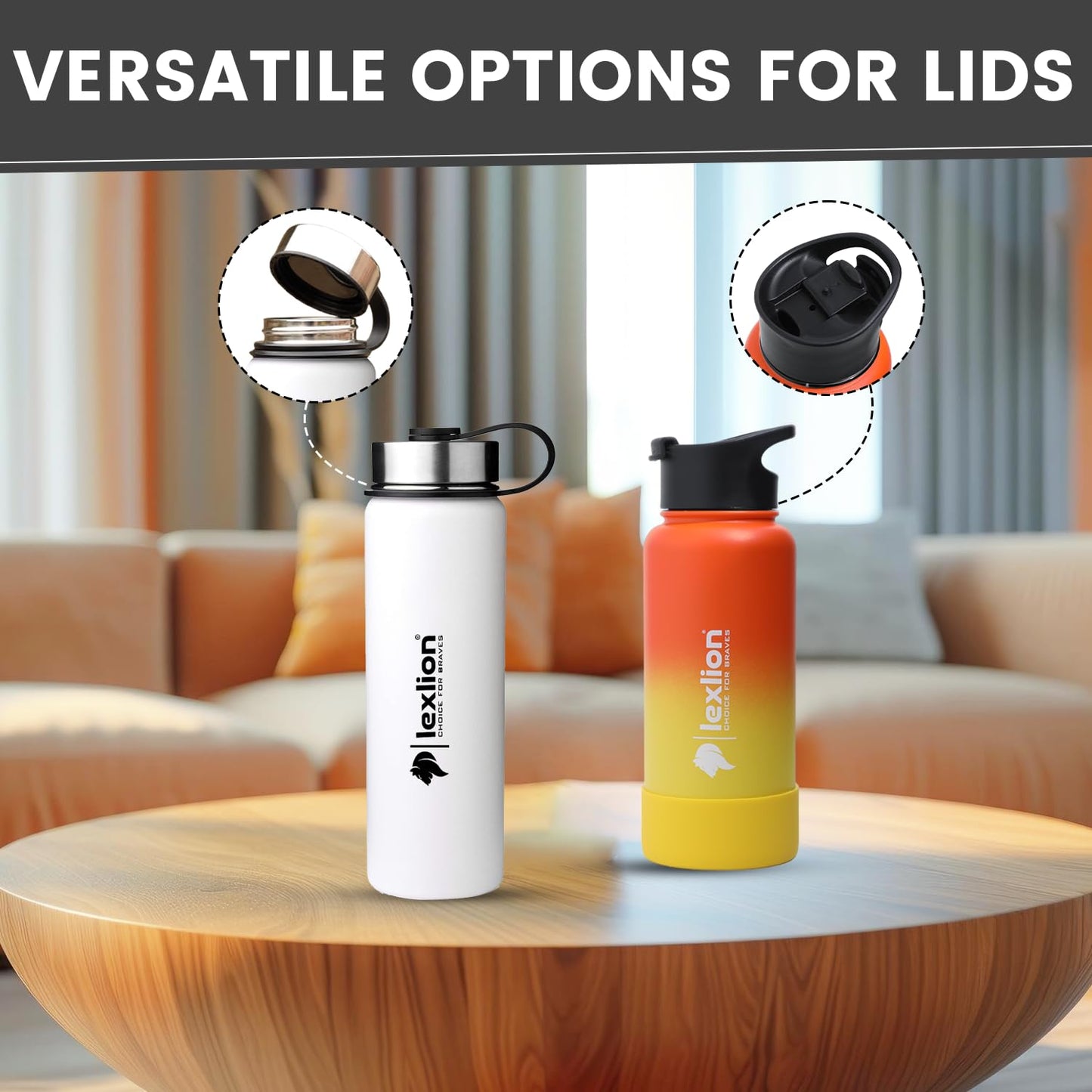 2 Water Bottle Lids W/Handle — Flip-Flop Lid & Stainless Steel Lid — Leak Proof & Insulated Gym Bottles Flip Lids for Wide Mouth Bottle — Compatible w/most Sports Water Bottle from 12-64 Oz