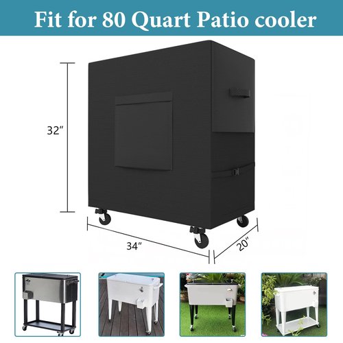 Patio Waterproof Cooler Cart Cover - Outdoor Ice Chest Protective Covers Fits Most 80 QT Drink Cooler on Wheels Outside Bar Cart or Beverage Cart Rooling Party Cooler 34L x 20W x 32H inch Black