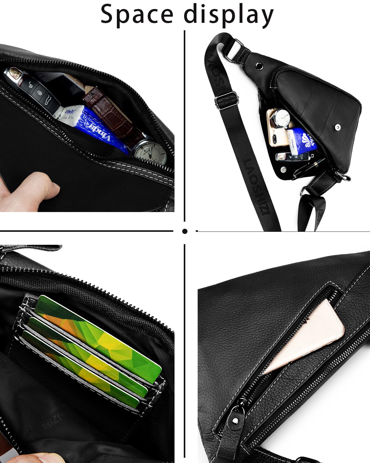 pundarika Genuine Leather sling bag for men women casual crossbody backpack small shoulder bag chest bag-Black