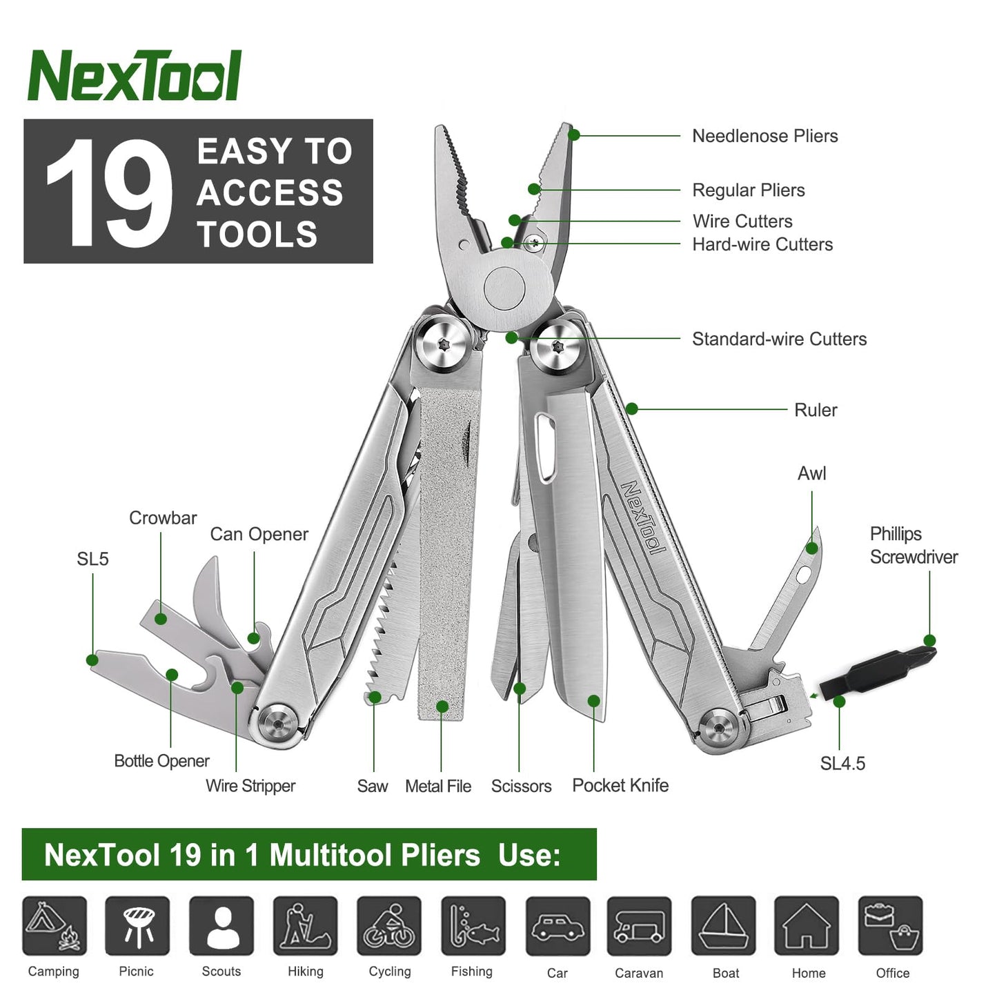 NexTool Multitool, 19 in 1 Multitool Pliers, Stainless Steel Multi Tool with Safety Locking, Foldable Multitools with Scissors, Can Opener, Screwdrivers, Saw for Camping Survival Hiking, Gifts for Men