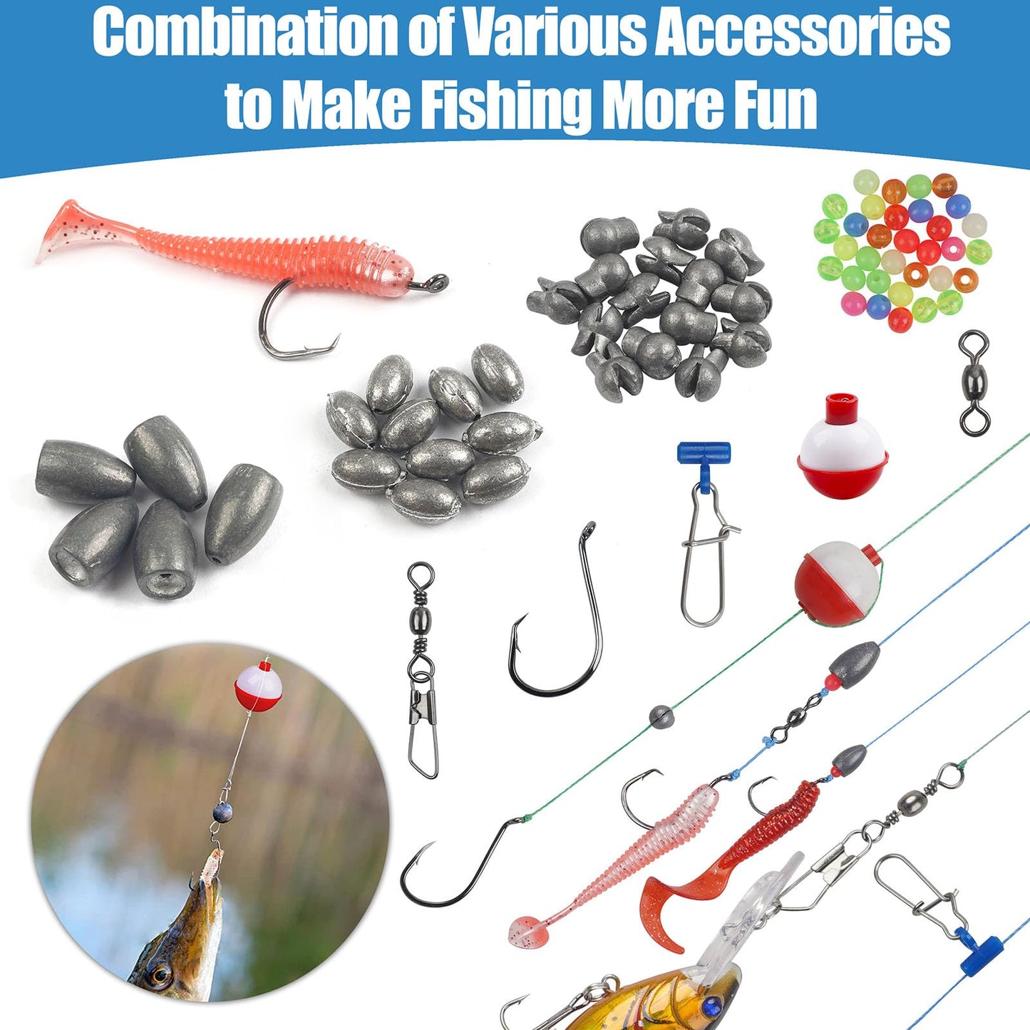 220pcs Fishing Hooks Bobbers Tackle Kit Beginners Equipment Includes Fishing Hooks Bobbers Weight Sinkers Swivel Snaps Starter Kit for Artificial and Live Baits
